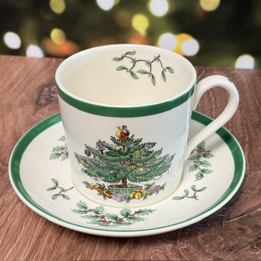 Spode Christmas Tree S3324-Y Cup & Saucer Made in England Green Trim
